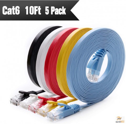 Cat 6 Ethernet Cable 10ft (5 Pack) - High-Speed Flat Network Patch Cable - Snagless RJ45 Connectors