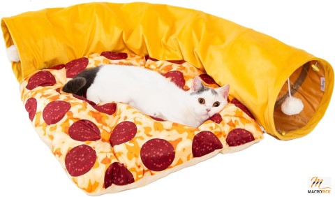 Peek-a-Boo Pizza Cat Tunnel Bed - Cozy and Playful Design for Cats - 9.8-Inch Diameter, Yellow