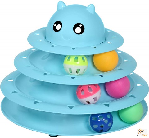 3 Level Turntable Cat Toy Roller | Stack & Sturdy Construction | 6 MultiColured Balls | Blue