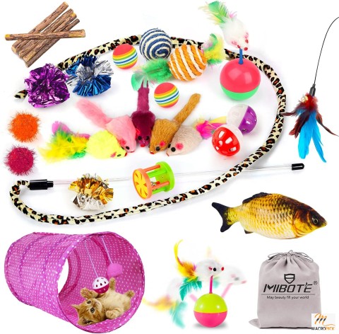 28-Piece Interactive Cat Toy Set: Tunnels, Fish, Feathers, Balls, and Bells - Ideal for Indoor Cats and Dogs