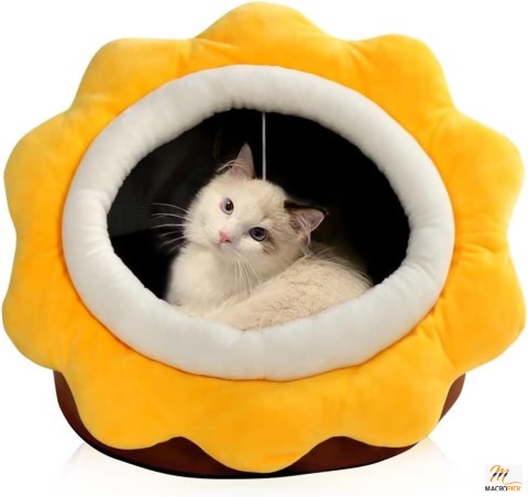 Sunflower-Shaped Cat/Dog Cave Bed for Indoor Cats - Anti-Slip Bottom, Removable Cotton Pad, Hanging Toy - Brown (Medium)
