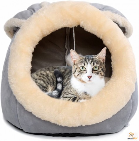 Grey Small Pet Bed - Indoor Cats & Dogs, Anti-Slip Base, Rabbit-Shaped Cave, Removable Cotton Pad, Calming Sofa, Hanging Toy