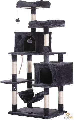 Large Multi-Level Cat Tree Condo: Sisal-Covered Scratching Posts, Plush Condos, Hammock Perch - Smoky Gray Haven for Cats and Kittens