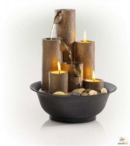 Brown Tabletop Tiered Water Fountain with 3 Candles - 11" - Desktop and Table Décor