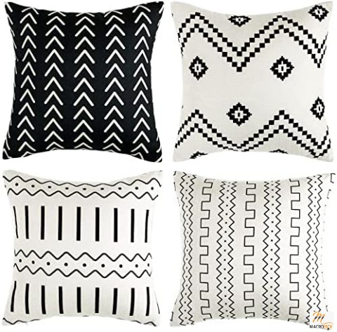 Set of 4 Boho Pillow Covers, 18x18, Modern Black Geometric Mudcloth Linen, Neutral Decor for Sofa Couch Chair