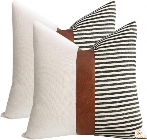 Set of 2 Farmhouse Decor Stripe Patchwork Linen Throw Pillow Covers,Modern Tan Faux Leather Accent Pillow Covers 18x18 inch,Black