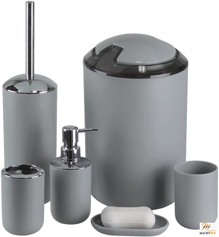 6 Pcs Plastic Bathroom Accessory Set By IMAVO | Soap Dish, Soap Dispenser Pump, Toilet Brush, Trash Can, Toothbrush Cup & Holder | Gray