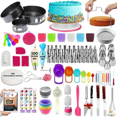 Decorating Kit with Baking Supplies- RFAQK 360 Pcs Cake Decoration Set including 3 Springform Pans, Cake Turntable, 55 Numbered Piping Tips, Icing Spatulas,