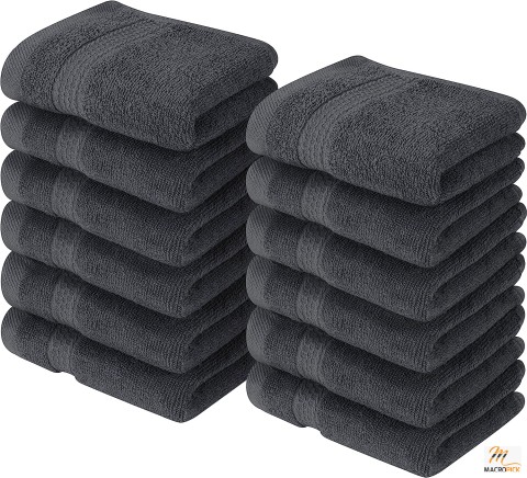 12-Pack Premium Wash Cloths Set - 100% Cotton Ring Spun - Highly Absorbent & Soft Feel - Essential for Bathroom, Spa, Gym - Grey
