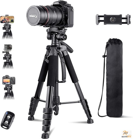 Extendable Camera Tripod, 74” with Wireless Remote, Phone Holder, Travel Bag - Compatible with Cameras, iPhone, Android, Sport Camera