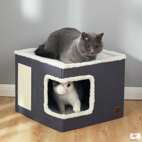 Modern Grey Cat Cube Bed: Indoor Cat House with Scratch Pad, Hideaway Tent, Ideal for Multiple Small Pets, Large Kittens