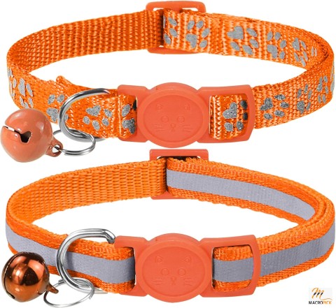 2 Pack Reflective Breakaway Cat Collars with Bell - Adjustable 7.5-12.5 Inch - Orange - for Girl and Boy Pets