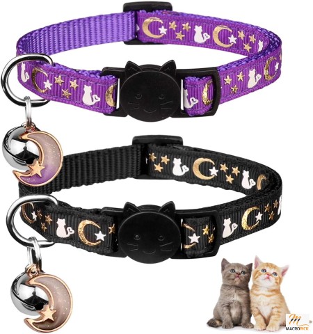 2PCS Breakaway Cat Collars with Bell - Cute Moons Stars - Adjustable Safe Kitten Collars - Pendant Glow in The Dark - Black & Purple