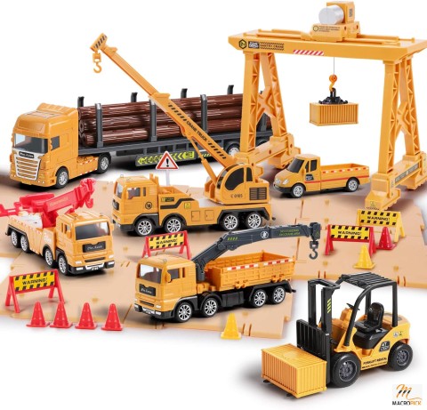 Construction Truck Toy Set with Gantry Crane, Cargo Transport Vehicles, Pickup Tow Trucks, Forklift - Birthday Gift for Boys 3-5