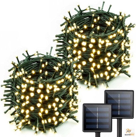2-Pack Solar String Lights, 400 LED, 144ft Waterproof, 8 Modes, Green Wire Solar Christmas Lights for Garden Decor (Warm White)