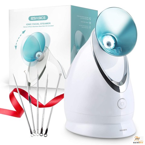 Blue Ionic Facial Steamer for Home Spa, Warm Mist Humidifier Atomizer, Unclogs Pores, Includes Stainless Steel Skin Kit