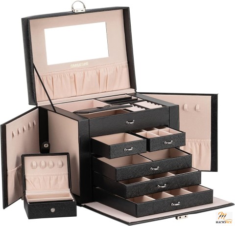 Large PU Leather Jewelry Box for Women, Lockable Display Organizer with Travel Case, Rings, Necklaces, Earrings Storage