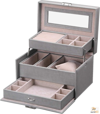 3 Layers Jewelry Organizer Box - Compact Design Necklace Storage Case  with Lock Mirror