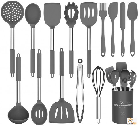 Umite Chef Silicone Cooking Utensil Set: 15pcs Non-stick, Heat Resistant, BPA-Free, Stainless Steel Handle Tools - Grey