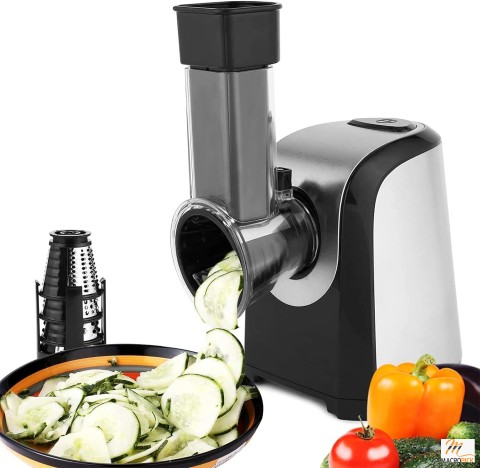 Plohee Electric Slicer Shredder Salad Shooter: 150W One-Touch Control, 5 Attachments - Cheese Grater, Fruits, Vegetable Cutter for Home Kitchen