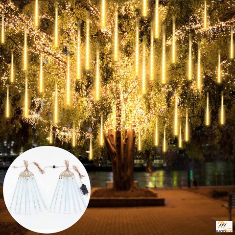 2-Pack Extendable Meteor Shower Christmas Lights - Waterproof 16 Tubes, 384 LEDs for Outdoor Tree Decor (Warm White)