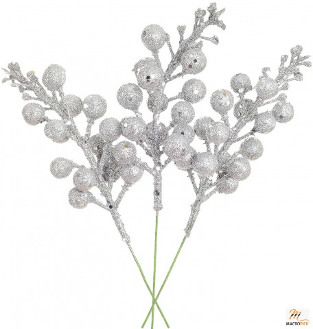 14-Pack Clearance Christmas Glitter Berries Stems - 7.8 Inch Artificial Picks for Tree Ornaments - Silver