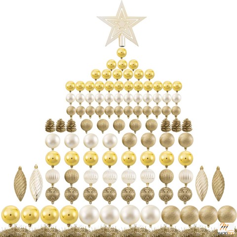 119ct Shatterproof Christmas Ornaments Set - Assorted Shapes, Sizes in Golden, Perfect for Tree, Holiday, Wedding, Party Decor