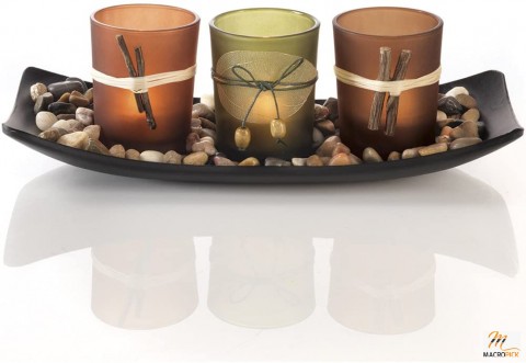 Natural Candlescape Set, 3 Decorative Candle Holders, Rocks and Tray