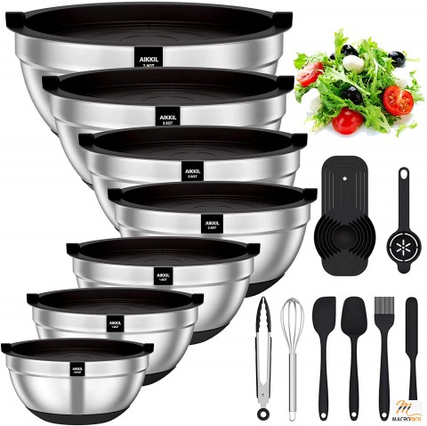 Durable and high Quality mixing Bowls - 20 piece Stainless Steel Metal Nesting Bowl Set- Non Slip Silicone Bottom