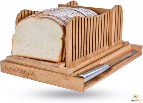 Bamboo Bread Slicer | Bread Loaf Slicing Machine With Crumbs Tray | Easy To Use Foldable Bread Cutter | Adjustable Slice Sizes | Bread Cutting Guide With Sharp Bread Knife & Storage Bag