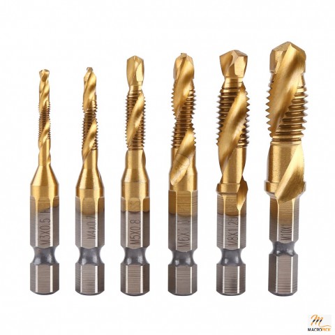 6Pcs Combination Drill and Tap Set,Metric Thread M3-M10 Screw Tapping Tool 1/4" Hex Shank Titanium Plated HSS