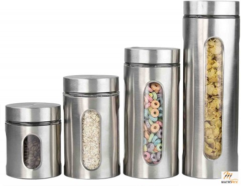 Stainless Steel 4-Piece Glass Canister Cylinder Set with Clear Window