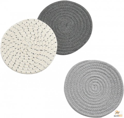 ( Set Of 3 ) 100% Cotton Thread Weave Handcrafted Kitchen Potholders Set Trivets - Stylish Coasters For Cooking and Baking -  by Diameter 7 Inches