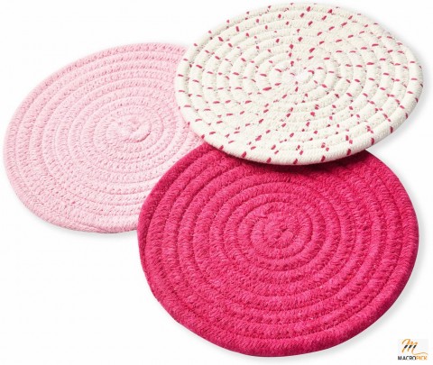 ( Set Of 3 ) 100% Cotton Thread Weave Handcrafted Kitchen Potholders Set Trivets - Stylish Coasters For Cooking and Baking -  by Diameter 7 Inches