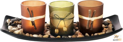 Vintage Votive Candle Holders: Decorative Natural Earth Tones Set with 3 LED Tea Lights, Rocks, and Tray - Elegant Decor