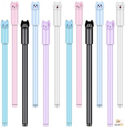 12 Cute Cat Gel Pens: 0.5mm, Kawaii Japanese Ball Point Pens - Perfect for School and Office, Ideal Accessories for Cat Lovers