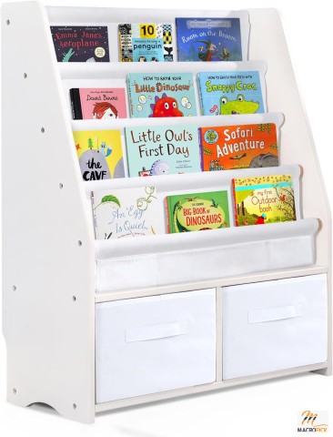 Kids Bookshelf - Children Book Storage Rack With Two Toy Storage Boxes