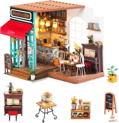 DIY Tiny Dollhouse Kit - Mini Wooden Coffee House - Great Gift And Excellent Home Decor