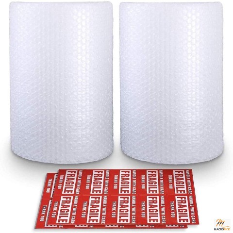 2-Pack Bubble Cushioning Rolls: 3/16" Air Bubble, 12"x72' Total, Perforated Every 12", Includes 20 Fragile Stickers