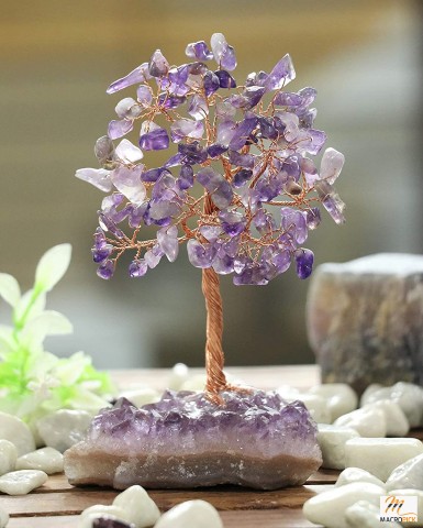 Amethyst Gemstone Money Tree with Natural Amethyst Cluster Base - Home Decoration Ornament Figurine