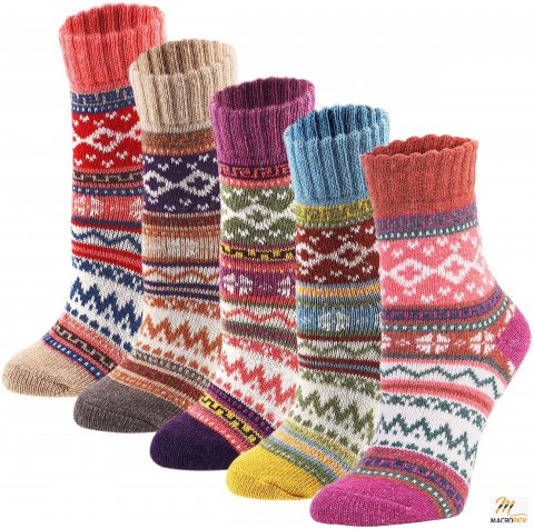 5-Pack Vintage Winter Wool Crew Socks: Soft, Warm, and Thick - Multicolor, Free Size for Women