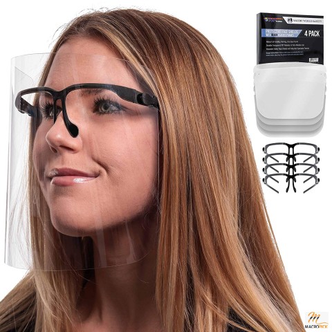 World Safety Face Shields with Black Glasses Frames (Pack of 4)-Ultra Clear Protective Full Face Shields to Protect Eyes, Nose, Mouth-Anti-Fog PET Plastic,Goggles