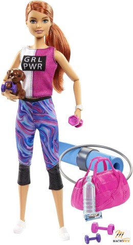 Red Haired Barbie Fitness Doll, with Puppy and 9 Accessories