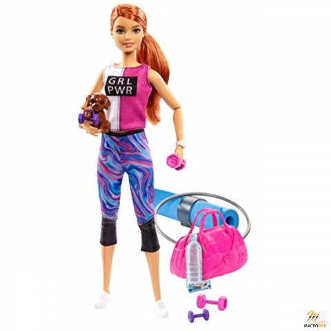 Red Haired Barbie Fitness Doll, with Puppy and 9 Accessories