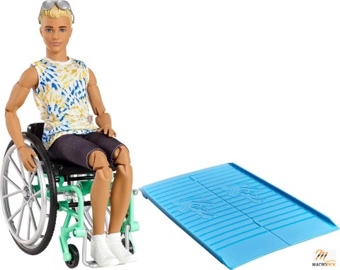 Ken Fashionistas Doll #167 with Wheelchair & Ramp Wearing Tie-Dye Shirt, Black Shorts, White Sneakers & Sunglasses