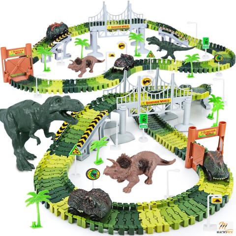 Dinosaur Toys For Kids - Flexible Track Playset and 2 pcs Cool Dinosaur car