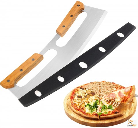 14" Pizza Cutter Rocker: Sharp Stainless Steel Slicer with Wooden Handles, Protective Cover - Ideal Kitchen Tool for Pizza