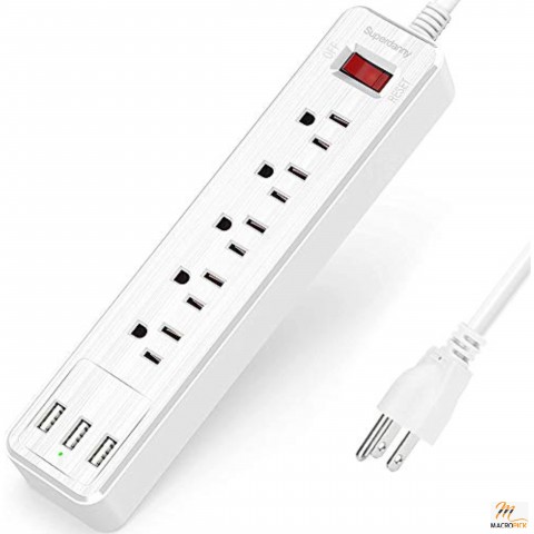 Mountable Surge Protector Power Strip with USB 5 Outlets 3 USB Ports Extension Cord with A Hook & Loop Fastener, for iPhone iPad Tablet PC Home Office Travel White