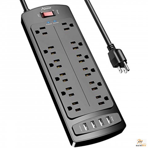 Power Strip, ALESTOR Surge Protector with 12 Outlets and 4 USB Ports, 6 Feet Extension Cord (1875W/15A), 2700 Joules, ETL Listed, Black