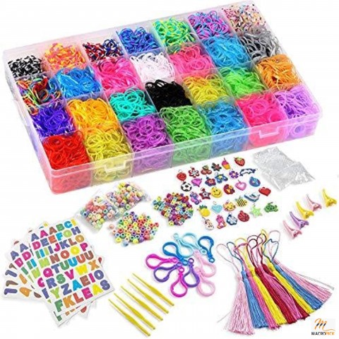 12100+ Rubber Bands Refill Loom Set 11,000+ Loom Bands 42 Colors 600 Clips 200 Beads + 52 ABC Beads 30 Charms 10 Backpack Hooks 10 Tassels 5 Crochet Hooks 5 Hair Clips +ABC & Number Stickers